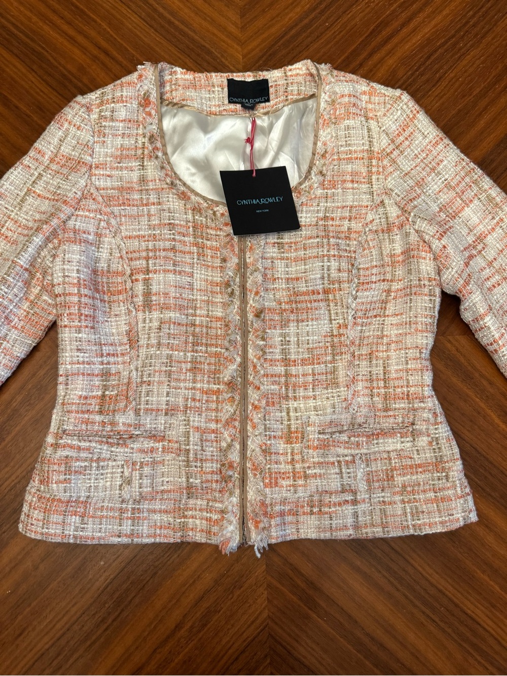 Cynthia Rowley Coral Cream Tweed Bouclé Fringe Zip Jacket Blazer - Picture 4 of 15